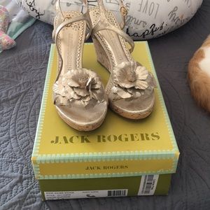 Jack Rogers gold leather cork flower wedge sandal